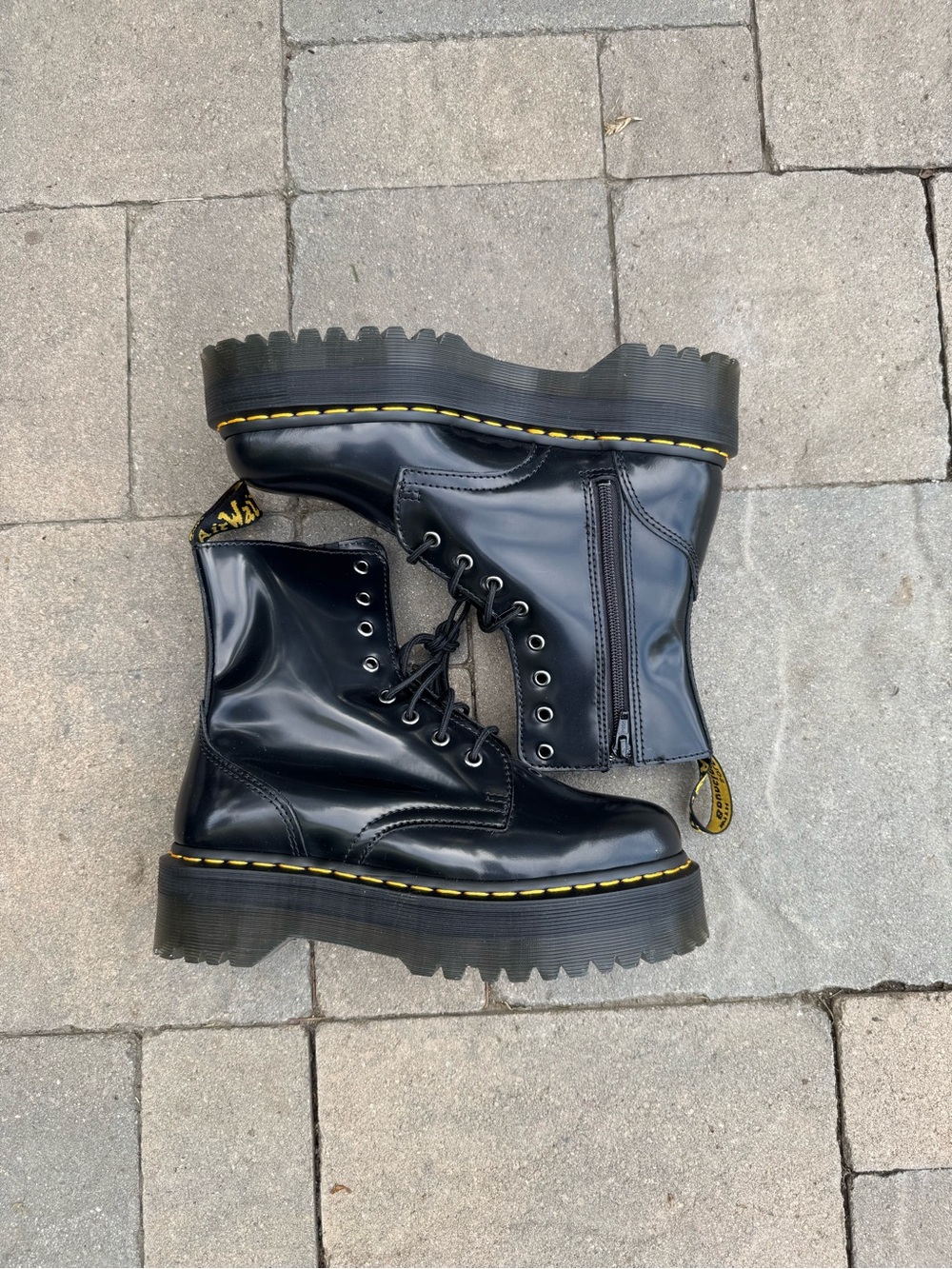 Dr. Marten’s Black Leather Platform Lace-Up Women's Boots with Yellow Stitching